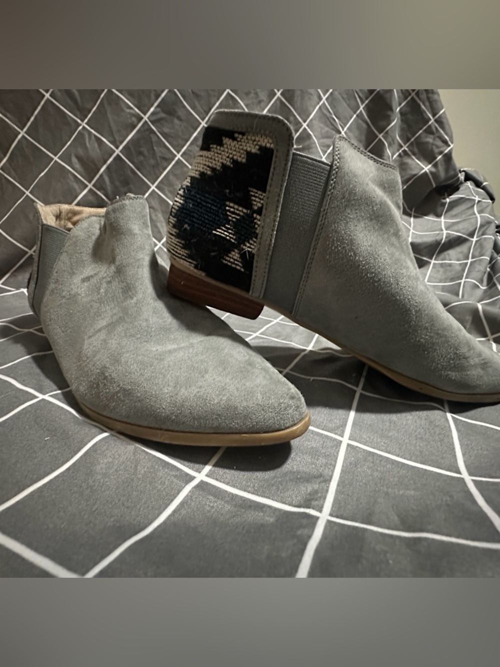 Gray Suede Ankle Booties with Patterned Heel Panel